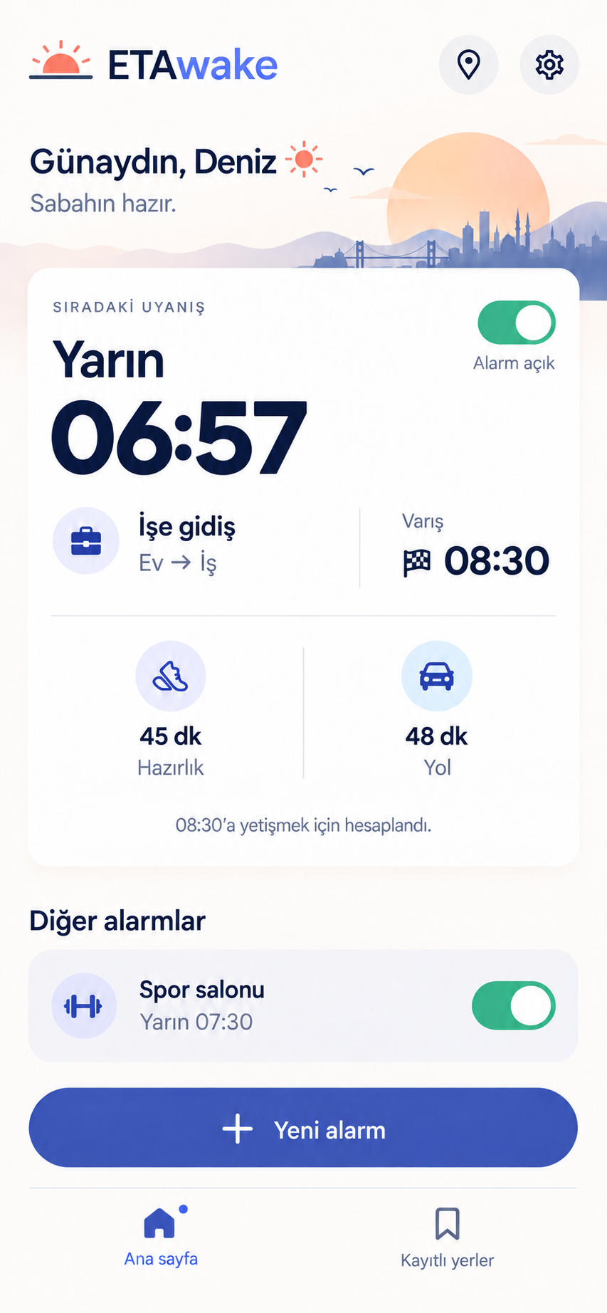 ETAwake yeni iPhone tasarımı: 08:30 varış için 06:57 uyanma saati