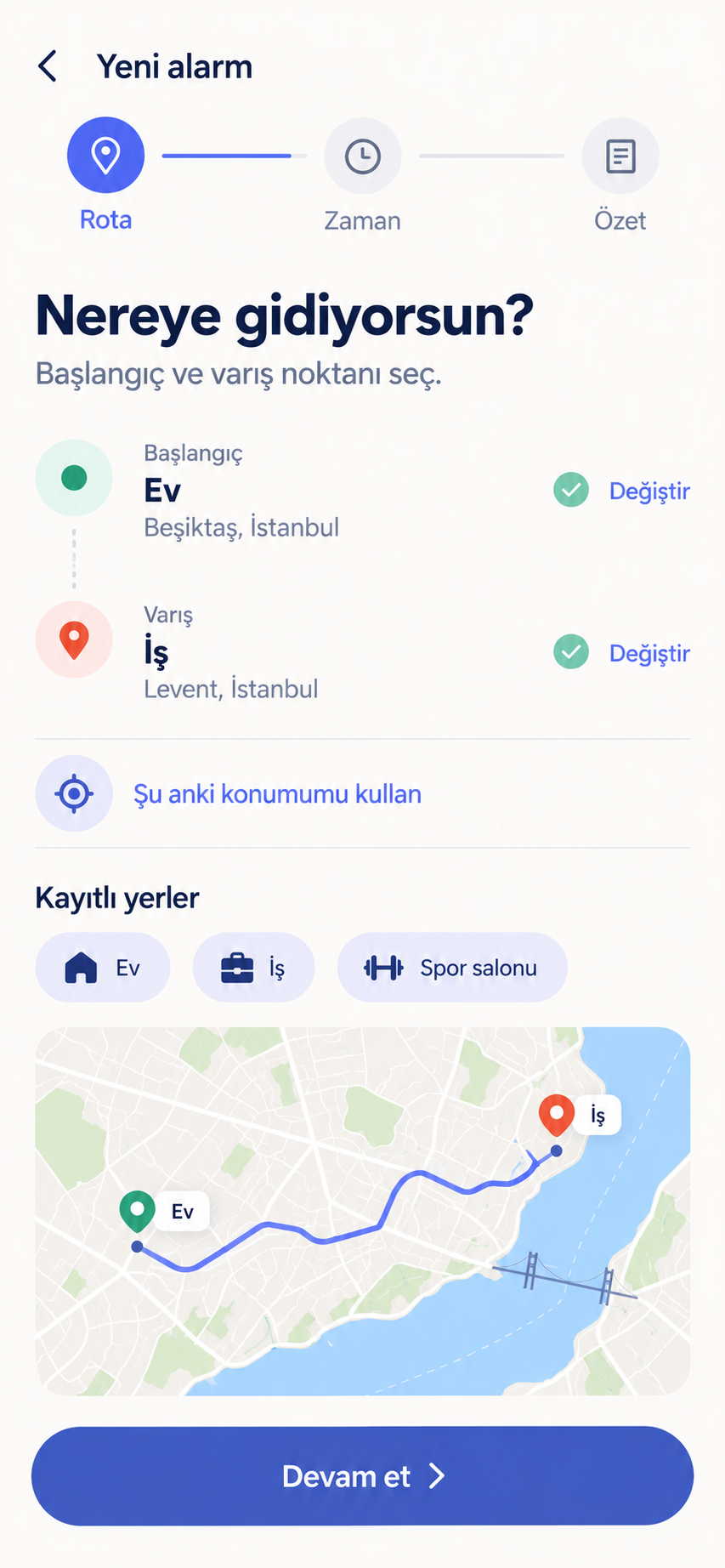 Yeni alarm tasarımında başlangıç ve varış konumlarının seçimi